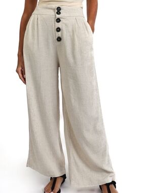 Stradivarius Light Beige Button-Front Linen Blend Capri Pants